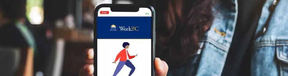 lady holding up phone with WorkBC App